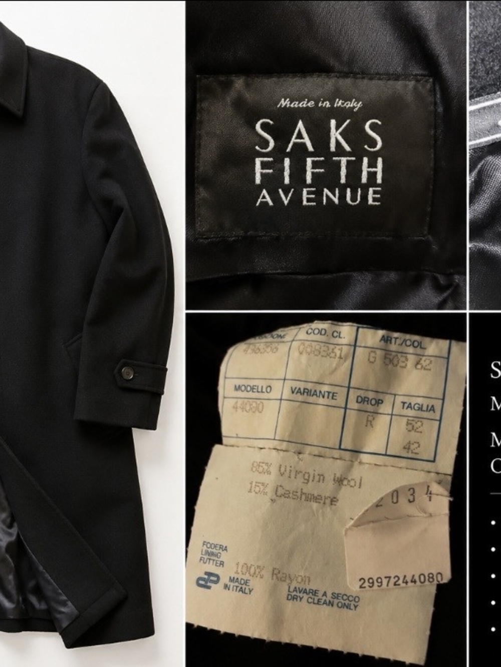 Saks Fifth Avenue (New) Made in Italy Men’s Wool Cashmere Overcoat Black Size 52